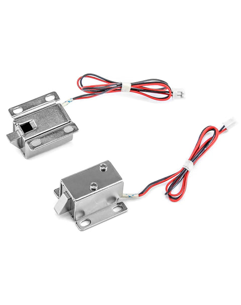 Compact 12V Direct Current Electromagnetic Solenoid Lock 4 Pack Slide Bolt Tongue Down Safety Latch showing two silver tone locks with wires.