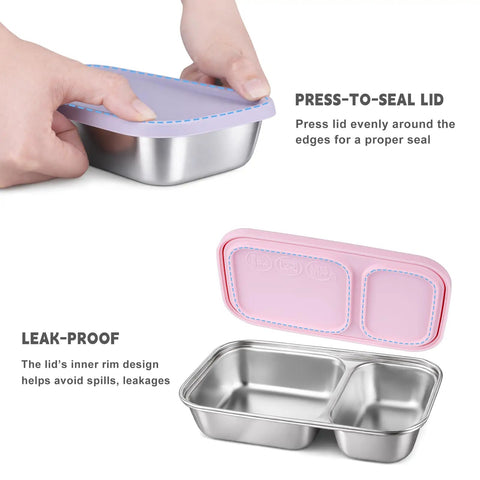 Hand sealing Three Pack Stainless Steel Snack Containers With Silicone Lids, Dual Compartment Design, Stackable Lunch Boxes.