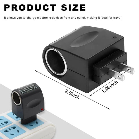 Knockout AC To DC Converter Turns 220V House Juice Into Smooth 12V Car Power With Zero Sweat Plug And Play Cigarette Lighter Adapter showing size and plug design.