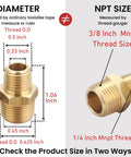Solid Brass 3/8 Inch NPT Male To 1/4 Inch NPT Male Reducing Hex Nipples Connector size measurement guide