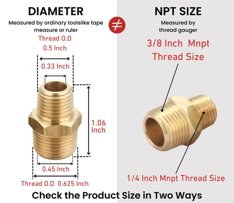 Solid Brass 3/8 Inch NPT Male To 1/4 Inch NPT Male Reducing Hex Nipples Connector size measurement guide