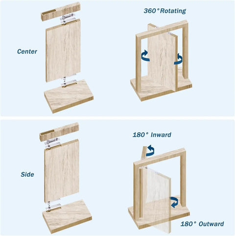Heavy Duty Pivot Hinge Set With Stainless Steel Ball Catch For Wood Doors And Hidden Bookcases Featuring 360 Rotation, showing center and side angles.