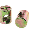 Snag These Legit M6 Barrel Nuts And Cross Dowels With Spring Loaded Wood Screws For Furniture Bed Frame And Crib Assembly Heavy Duty Galvanized hardware, two galvanized M6 barrel nuts.