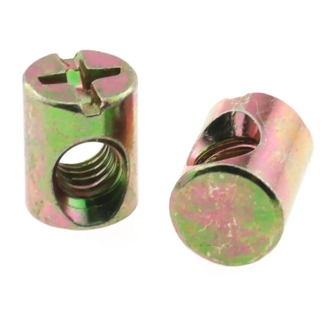 Snag These Legit M6 Barrel Nuts And Cross Dowels With Spring Loaded Wood Screws For Furniture Bed Frame And Crib Assembly Heavy Duty Galvanized hardware, two galvanized M6 barrel nuts.