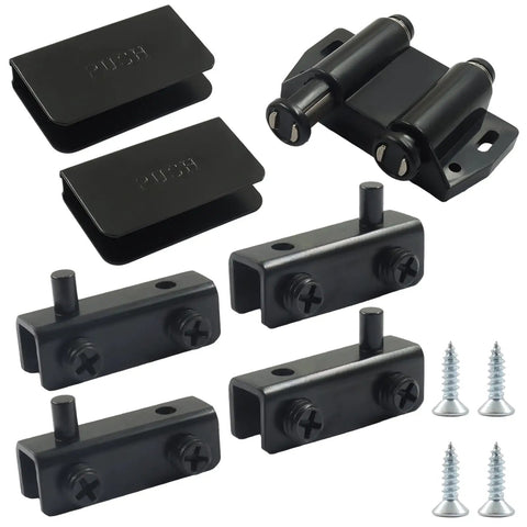 Glass Door Magnetic Catch and Pivot Hinge Kit in Black, 7-piece set with 4 stainless screws, no drill cabinet hardware, ready to install