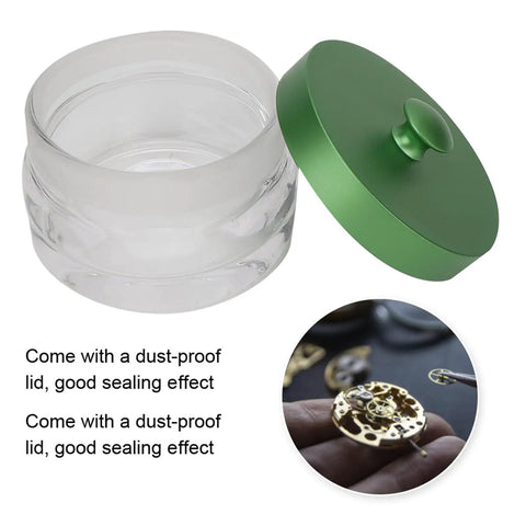 Watch Movement Oil Washing Jar For Repair Pros, glass container with green lid, durable build for watchmakers and hobbyists.