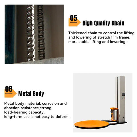 High quality chain and metal body details of Heavy Duty Pallet Wrapping Machine With 65 Inch Turntable For Warehouse Logistics 4400 Lb Load 110V 1500W Auto Stretch Film And Shrink Wrap Bundler Unit