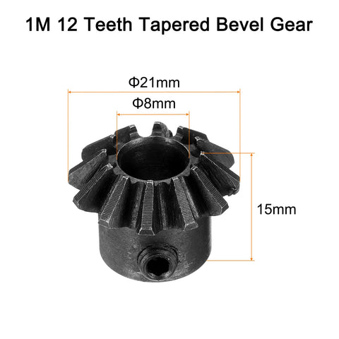 1M 12 teeth tapered bevel gear with 8mm shaft hole, part of 4 Pieces Bevel Gear Set 1.5 Module 1 To 1 Gear Reduction