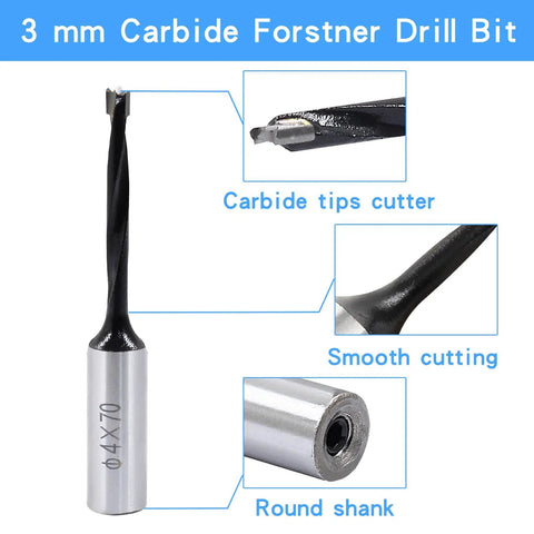 3 mm Carbide Tip Forstner Drill Bit built heavy with carbon steel shaft for precise flat bottom holes.