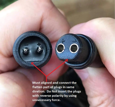 Close-up of connectors for 10W Solar Water Pump Kit, emphasizing alignment for correct polarity and connection.