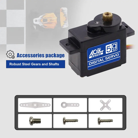 Sub Micro RC Servo Motor With Metal Gear, 8g Light, 1kg Torque, shown with accessories for 1/28 RC cars and planes, 2 Pack Included