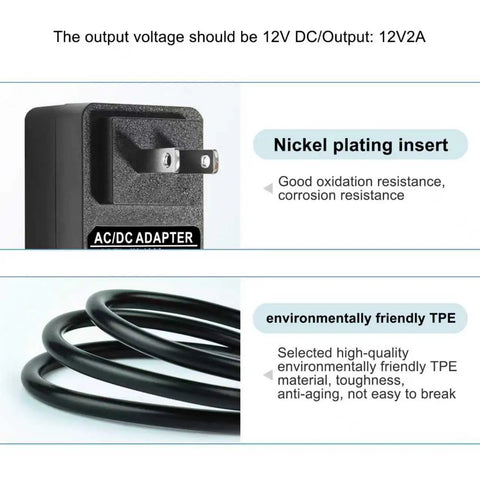 Close-up of 12V 2A Telescope Power Adapter With 6Ft Cord Plug And Play Universal AC DC Charger showing nickel plating and TPE cord