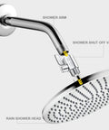 Chrome shower arm with inline shut-off valve and rainfall shower head; side-angle view shows 1/2 in NPT threaded connections
