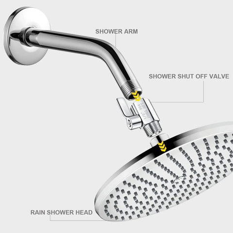Chrome shower arm with inline shut-off valve and rainfall shower head; side-angle view shows 1/2 in NPT threaded connections