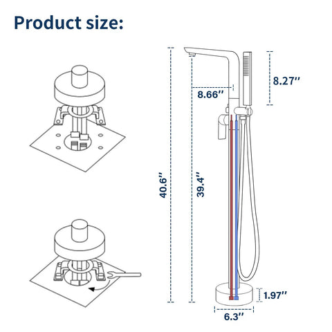 Diagram showing size and dimensions of Freestanding Brushed Gold Tub Filler Faucet With Hand Shower And Swivel Spout Floor Mounted Brass Tub Faucet Solid Brass Construction For Durability Wobble Free Mount Top Notch Bath Upgrade, highlighting 40.6 inch height with base measurements.