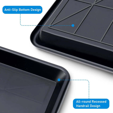 Close-up of Triple Pack Extra Large Oil Drip Pan 35.4 X 24 Inch Heavy Duty Plastic Drain Tray features anti-slip and recessed handrail designs.