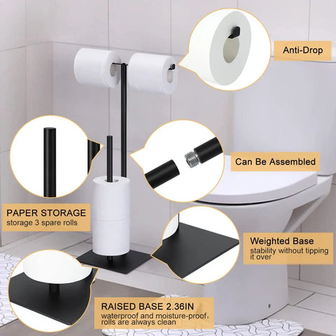 Diagram showing assembly and features of Free Standing Toilet Paper Holder For Bathroom In Black Finish, Sturdy Stainless Steel Base