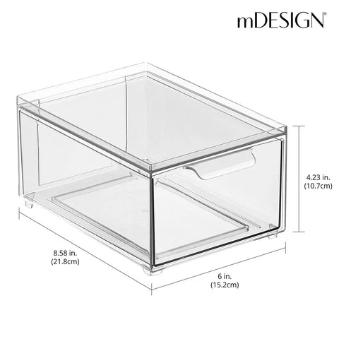 Stackable Storage Box With 2 Pull Out Drawers Clear Plastic Bin for Closet Organization, dimensions labeled, mDESIGN logo