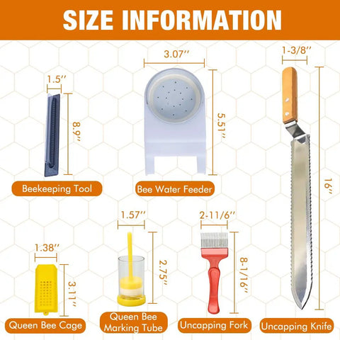 14 Piece Beekeeping Tools Kit With Bee Smoker, sizes of bee water feeder, uncapping knife, queen bee cage, and marking tube displayed