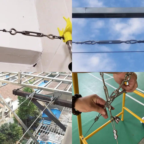 M6 Eye To Eye Turnbuckle Set, 304 Stainless Steel Hardware Kit in use for outdoor rigging and wire rope tension setup