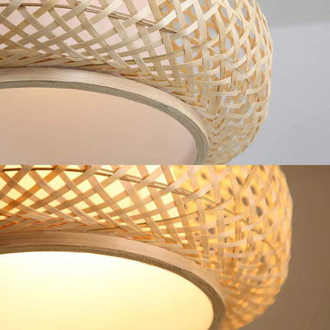 Close-up of Retro Bamboo Dome Flush Mount Ceiling Light with Adjustable Cord, showcasing woven bamboo rattan shade for warm ambience.
