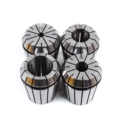 Close-up of 4 collets from 29 Piece ER40 Spring Collet Set For Milling Machines Imperial Size with beefy hardened precision ground collets