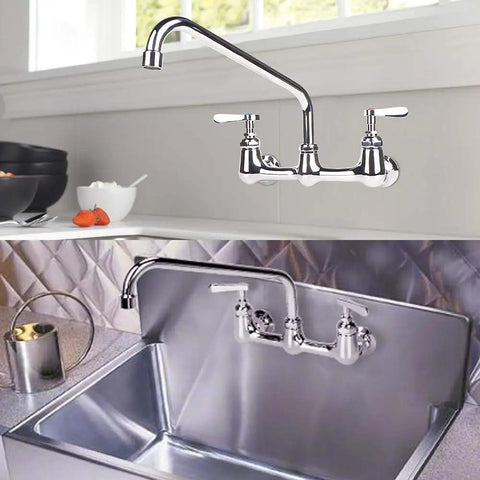 8 Inch Center Wall Mount Kitchen Sink Faucet With 12 Inch Swivel Spout And Dual Handles, Commercial Grade Backsplash Mounted Chrome Finish, Lead Free Brass, Rust Resistant, Pro Style For Home Or Restaurant Use