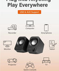 14W USB Powered Stereo PC Speakers With Compact Size And 30 Degree Tilt Design Volume Dial Control Punchy Bass Crisp Highs Perfect For Desktop Laptop Monitor And Gaming Consoles Black, shown with multiple compatible devices.