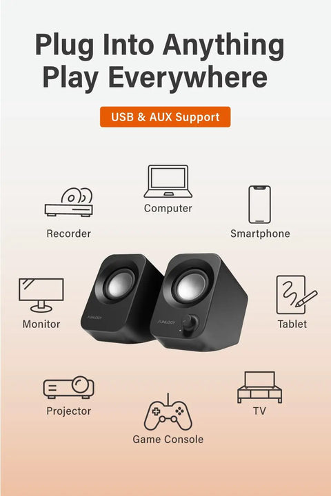 14W USB Powered Stereo PC Speakers With Compact Size And 30 Degree Tilt Design Volume Dial Control Punchy Bass Crisp Highs Perfect For Desktop Laptop Monitor And Gaming Consoles Black, shown with multiple compatible devices.