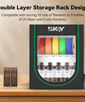 Ultimate 3D Printer Filament Storage Box With 2 Tier Shelves for 10 Filaments, shown with spools and bottles on wooden surface