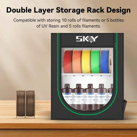 Ultimate 3D Printer Filament Storage Box With 2 Tier Shelves for 10 Filaments, shown with spools and bottles on wooden surface