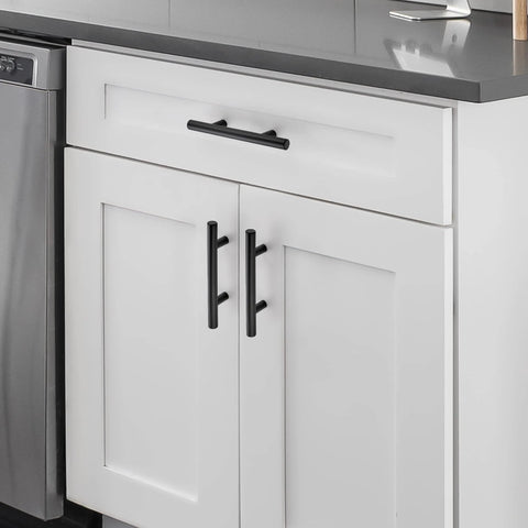Matte Black Cabinet Handles 5 Inch Overall Length With 3 Inch Hole Centers 76 Mm Cabinet Pulls Stainless Steel Drawer Knobs installed on white kitchen cabinets