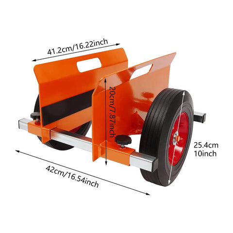 Beefy Heavy Duty Panel Dolly For All Terrain Use With 2 Wheel Slab Design And 10 Inch Solid Wheels, Supports Up To 1100 Lbs, Built Tough For Easy Mobility And Scratch Resistant Iron Construction, orange iron frame with 10-inch wheels