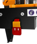 Heavy Duty Benchtop Router Table Featuring Extra Wide Extension Wings And Adjustable Retractable Guard For Smooth Routing and locking mechanism detail.