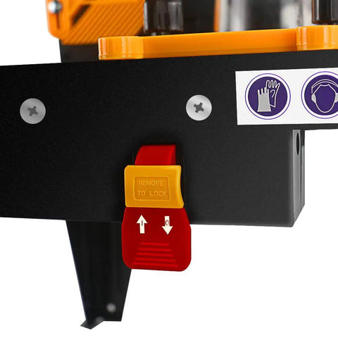 Heavy Duty Benchtop Router Table Featuring Extra Wide Extension Wings And Adjustable Retractable Guard For Smooth Routing and locking mechanism detail.