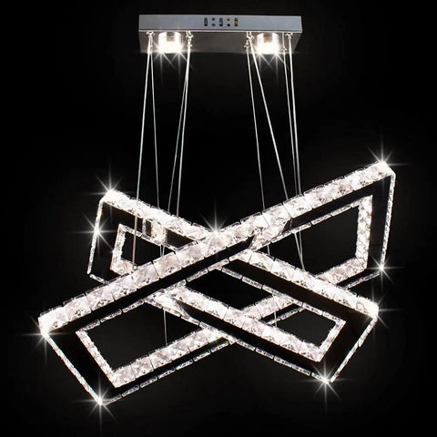 Lit LED Two Ring Rectangular Crystal Chandelier Pendant Light In Stainless Steel, suspended showing dual ring design