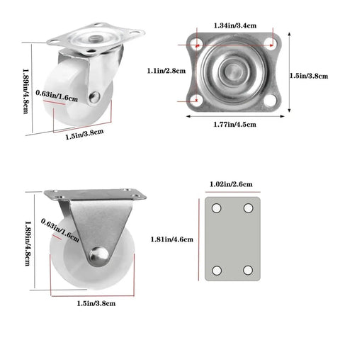 Lightweight White Swivel Casters With Fixed And Rotating Wheel Sets For Furniture And Carts, dimensions shown