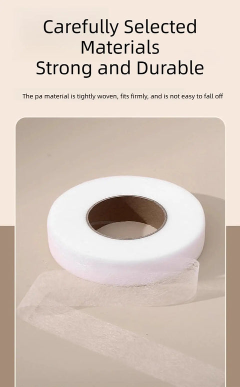 Easy No Sew Hemming Tape Fabric Adhesive DIY Friendly, roll of double-sided iron on bonding web on beige background.