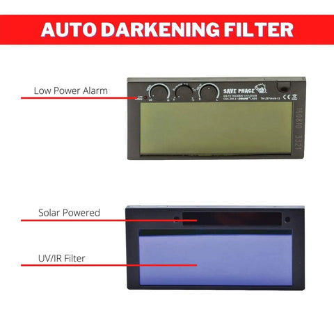 Close-up of solar-powered auto darkening filter with low power alarm for Spiderman Gen Y Auto Darkening Welding Helmet.