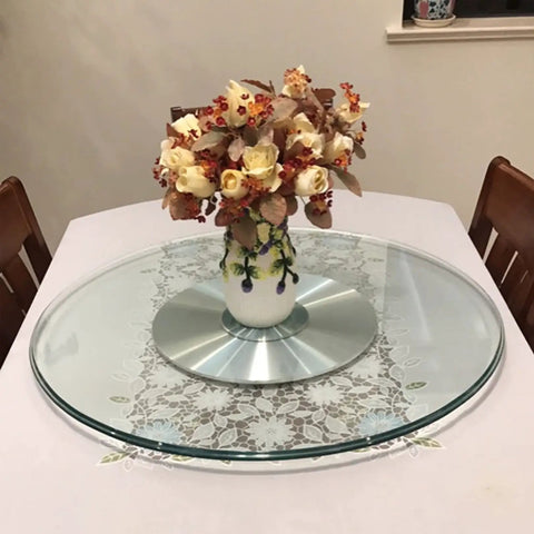 Heavy Duty Tempered Glass Lazy Susan Turntable For Dining Table 39 Inch Round Serving Tray 10mm Thick Clear Glass with vase on top