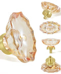 Four Pack Glass Cabinet Knobs And Pulls With Oval Champagne Crystal Knobs On Satin Brass Brushed Gold Base For Dresser Wardrobe And Cabinet Drawers Easy Install With Three Screw Options, showing close-up and side views of the knob details.