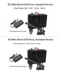 Knock Out Any Quick Drill Job With Compact Bench Drill Press Powered By Reliable Copper Motor Seven Speed Switches And Zero Play Alignment For Smooth Wood Metal Work. Image of B12 and B10 mini bench drill presses with adjustable power supply.