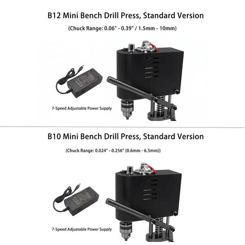 Knock Out Any Quick Drill Job With Compact Bench Drill Press Powered By Reliable Copper Motor Seven Speed Switches And Zero Play Alignment For Smooth Wood Metal Work. Image of B12 and B10 mini bench drill presses with adjustable power supply.