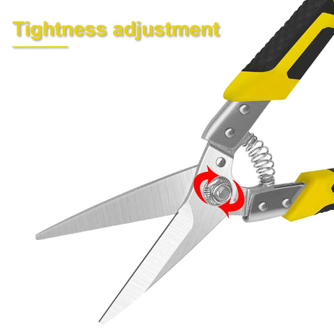 8.7 Inch Tin Snips Heavy Duty Metal Cutter With Stainless Steel Blades, showing tightening adjustment feature, ergonomic grip visible