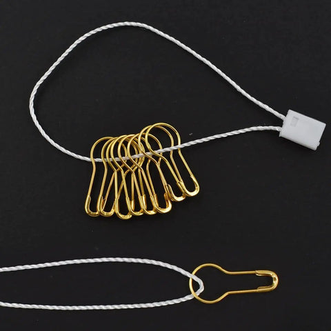 Top Shelf Hang Tag Fasteners With White Nylon String Ties And Gold Metal Security Safety Pins Bulk Kit for apparel display.
