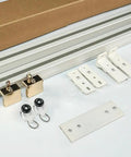 Heavy Duty Wall And Ceiling Mount Sliding Barn Door Track System Glides Like Butter For Bedroom Room Divider Setup Durable Aluminum Alloy Top Shelf Hardware Included showing hardware parts including rail and fittings.