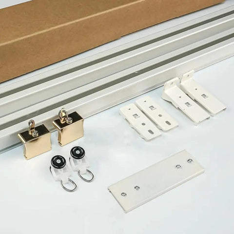 Heavy Duty Wall And Ceiling Mount Sliding Barn Door Track System Glides Like Butter For Bedroom Room Divider Setup Durable Aluminum Alloy Top Shelf Hardware Included showing hardware parts including rail and fittings.