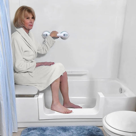 Elderly woman using Heavy Duty Grab Bars 12 Inch 2 Pack ADA Compliant Shower Safety Handrails with suction cup grips in bathroom