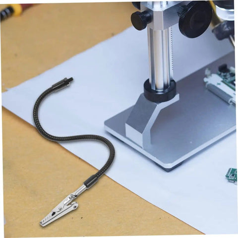 Close-up of metal base and clamp from Six Piece Soldering Clamp Adjustable Welding Fixture With Magnifying Glass Lamp Clamp for PCB Board.