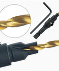 Close-up of Five Piece Countersink Drill Bit Set For US Wood Screws, high-speed steel, hex shank, and chamfered tip visible.